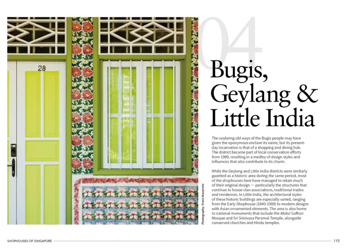 Interior spread from the book: the chapter opener for Bugis, Geylang and Little India, with lime-green shutters and floral Peranakan tiles